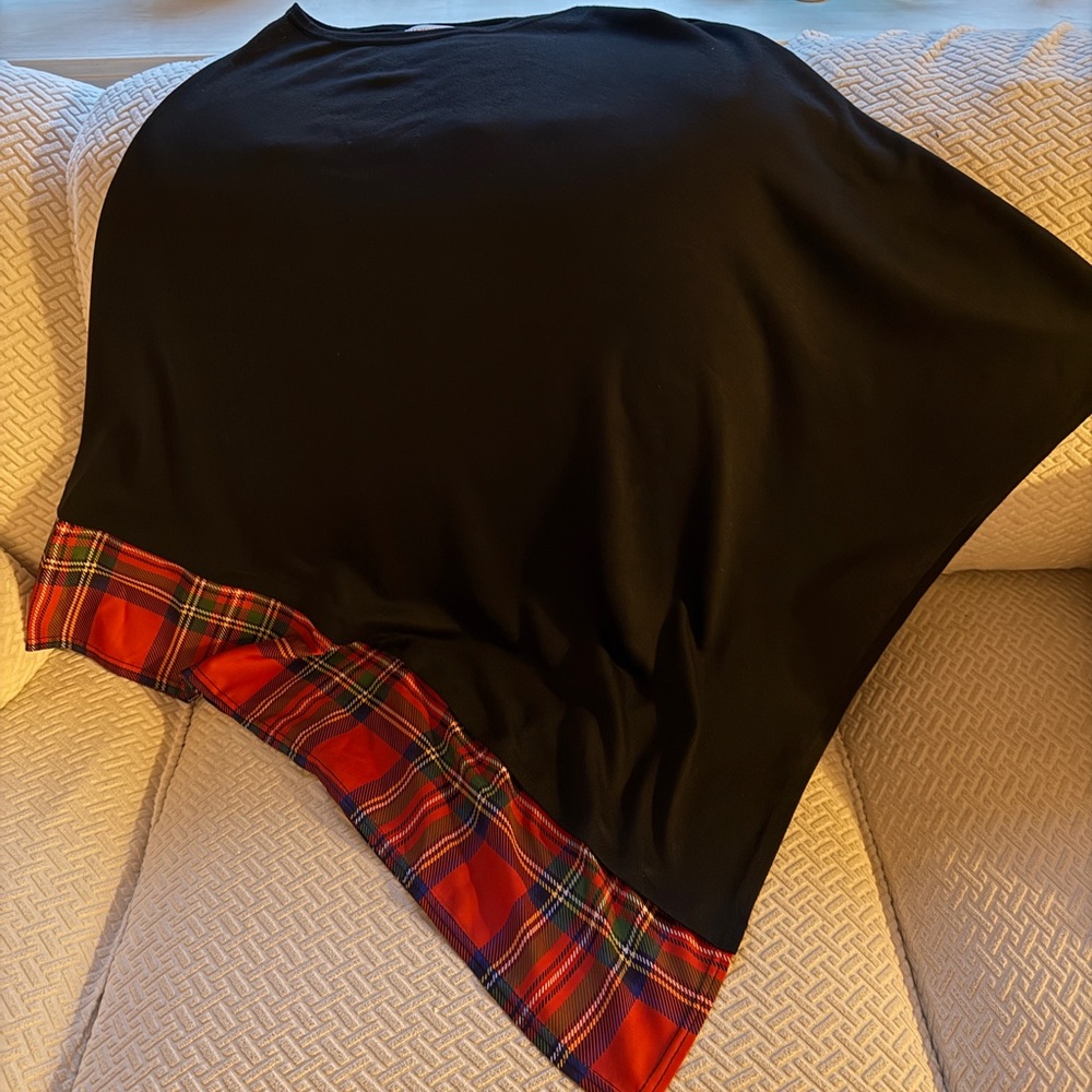 Black with red plaid trim poncho/topper.